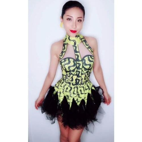 Bright Rhinestones Printed Spandex Sleeveless Dress Nightclub Women Singer Dance Dress Costume Birthday Celebrate Show Dress