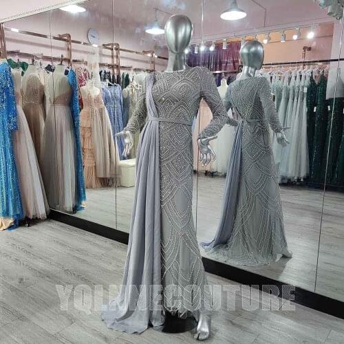 YQLNNE Muslim Silver Long Sleeve Evening Dresses Full Covered Tulle Crystals Beaded Formal Women Mermaid Gowns Party