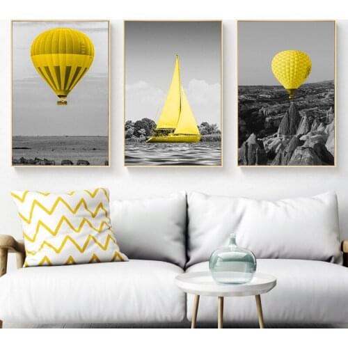 Yellow Art Landscape Picture Home Decor Wall Art Nordic Canvas Painting Balloon Sailboat Posters and Prints for Living Room