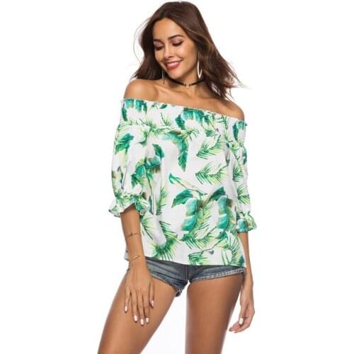 BYUAN Fashion Summer T shirt Women Printed tshirt Slash Neck Off Shoulder Women T-Shirt 2018 Tops Tees Ladies tshirts Green