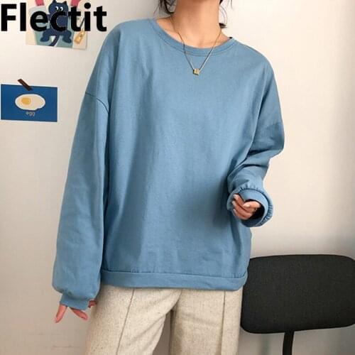 Flecti Womens Cozy T-shirt Long Sleeve O-Neck Drop Shoulder Oversized Basic Tops Casual Cotton Tees