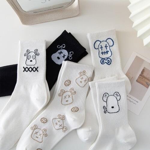 Women Socks Animal Print Harajuku Kawaii Rabbit Bear Design Cute Socks Abstract White Black Korean Style Art Creative Sokken Sox