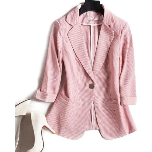Womens Stripe suit jacket summer new style fashion Slim seven-point sleeve office ladies casual suit short Single button blazer