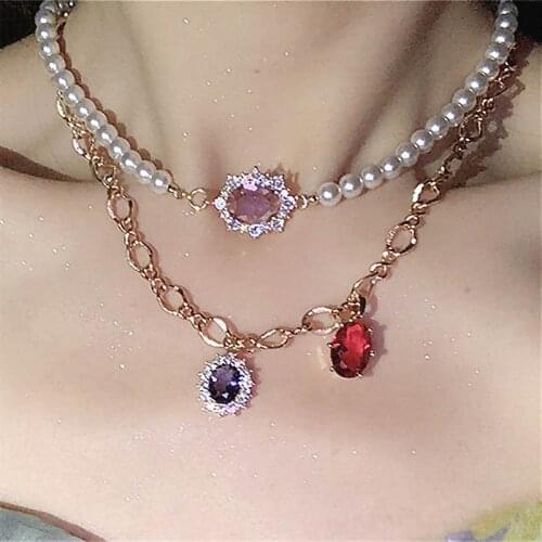 Fashion Pearl Big Colorful Stones Choker Necklace For Women Double Layers Personality Statement Collares Jewelry