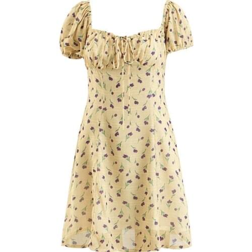 Print Floral Yellow Dress Women Cotton Mini Short Vestido Festa Sundress Runway Girls Korean Style Vestidos 2021 Dresses Femme