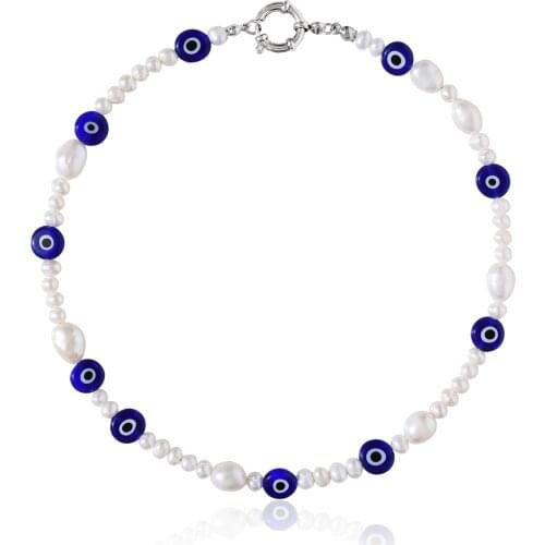 Vintage Summer Evil Eye Pearl Necklace Light Llily Green N Yellow Beads Choker Simple Genuine Pearl Jewelry for Women