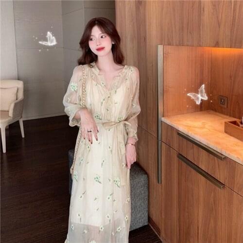 2021 Embroidered Flower sunscreen dress womens summer thin fairy relaxed temperament long skirt