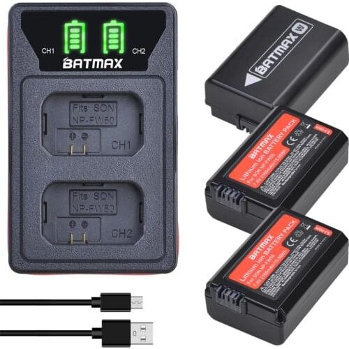 Batmax NP-FW50 NPFW50 FW50 Battery +LED Dual Charger with USB Cable for Sony Alpha a6500 a6400 a6300 a7 7R a7R a7R II a7II NEX-3