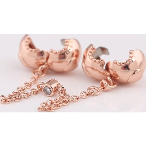 Authentic S925 Silver Bead Rose Embossed Hearts With Crystal Safety Chain Charm for Women Bracelet Bangle DIY Jewelry