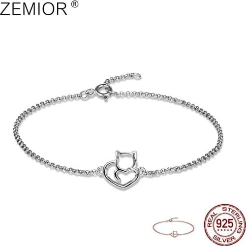 PFHOO Charm Bracelets Women 925 Sterling Silver Cat And Heart Link Chain Bracelets & Bangles Silver 925 Jewelry Anniversary Gift