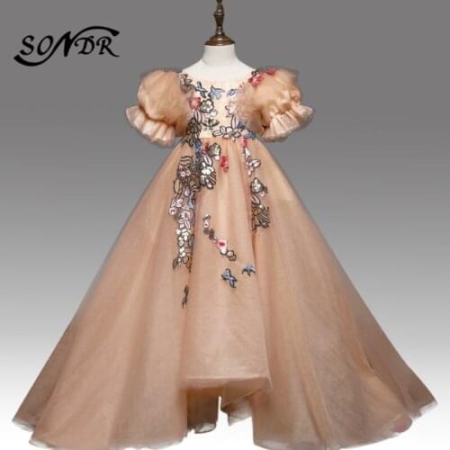 Long Tulle Flower Girl Dress HT162 Vintage Embroidery Lace Little Girls Pageant Dresses Puff Sleeve Flower Girl Ball Gowns