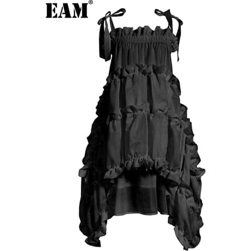 [EAM] Women Irregular Ruffles Spaghetti Strap Dress New Round Neck Sleeveless Loose Fit Fashion Tide Spring Summer 2021 1W571