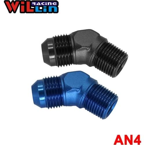 WILLIN - 2pcs/pack Aluminum Male AN4 Elbow Flare To male 1/8''1/4''NPT 45 Degree Oil Fuel Adapter Blue/Black WL823-04