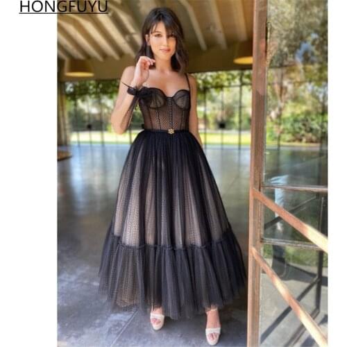 HONGFUYU Vintage Black Dotted Tulle Prom Dresses Spaghetti Straps Evening Gown robes de cocktail Party Formal Dress Ankle Length