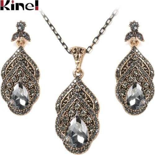 Kinel Luxury Gray Crystal Flower Earring Necklace For Women Vintage Jewelry Sets Antique Gold Turkish Rhinestone Wedding Jewelry