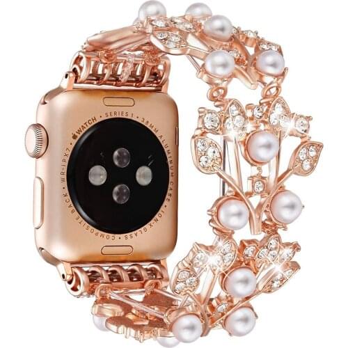 Metal jewelry strap For Apple watch 6 5 4 SE 44mm 40mm Elastic Pearl Beaded Bracelet Replacement band For iwatch 3 2 1 42mm 38mm