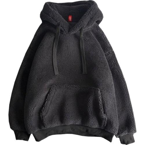 Fashion Black New Lamb Cashmere Autumn Winter Coat Boyfriend Hoody Loose Pocket Plus Velvet Thick Drawstring Women Sweatshirt