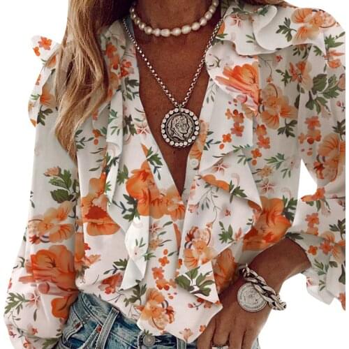 European and beautiful butterfly floral print V-neck long-sleeved chiffon shirt single-breasted button ruffled flared sleeve top