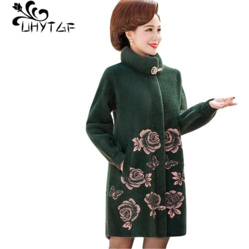 UHYTGF New Mink Fleece Autumn Winter Woolen Coat Womens Mid-Length Loose 6XL Plus Size Outerwear Mother Casual Warm Jacket 1351