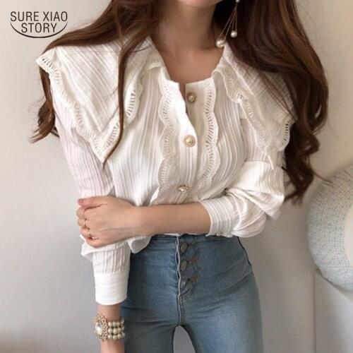 Fall 2021 Solid Doll Collar Puff Sleeve Blouse Lady Lace Edge Elegant Women Shirt Short Sleeve Retro Female Shirt Blusas 15850