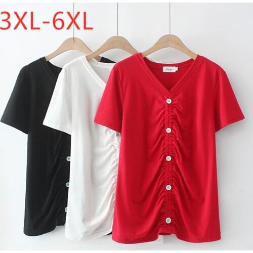 New 2021 Ladies Summer Plus Size Tops For Women Large Blouse Short Sleeve Loose Cotton Button Red V-neck Shirt 3XL 4XL 5XL 6XL