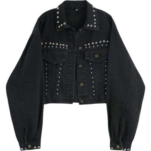 2021 New Autumn Fashion Women’s Denim Jacket Long Sleeve Loose Button Beading Patchwork Short Jeans Denim Coat Korean Coats