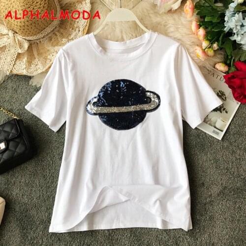 ALPHALMODA 2019 Women Popular Sequined Planet T-Shirt Black White Short-sleeved Pullovers Quality Cotton Summer Tee Tops