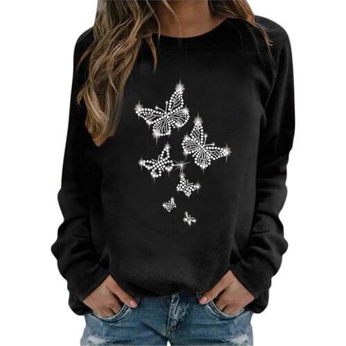 Women Hoodie Fashion Butterfly Rhinestone Drill Print Sweatshirts Harajuku Casual O Neck Long Sleeve Blouse Tops Ladies Bluza