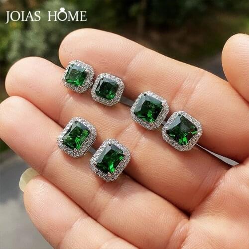 JoiasHome Geometry Silver 925 Jewelry Womens Earrings Blue Green White Zircon Emerald Sapphire Crystal Ear Studs Anniversary