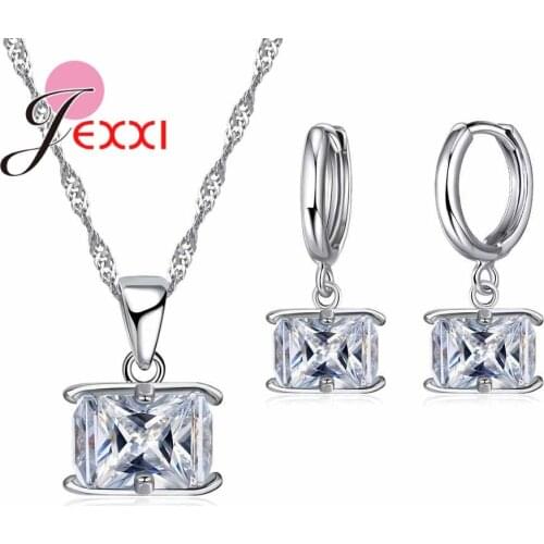 Popular 925 Sterling Silver Earrings Sets For Girl BirthdayCute Geometry Design Crystal Wedding Lady Necklace For Women
