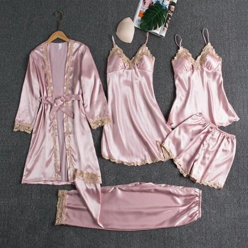 Women 5PCS Bathrobe Lace Nightwear Kimono Robe Gown Pajamas Set Satin Sleepwear Intimate Lingerie Home Clothes