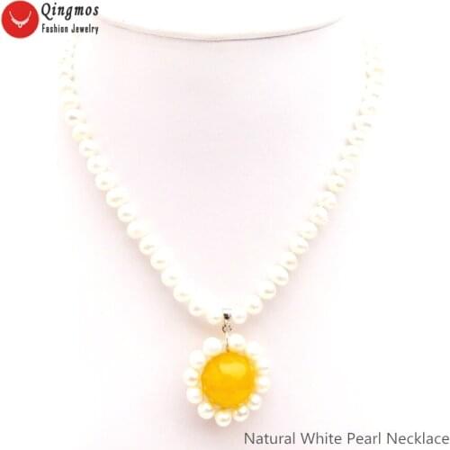 Qingmos Natural Pearl Pendant Necklace for Women with 6mm White Pearl Necklace 18mm Yellow Jades Stone Necklace 17" Jewelry 6528