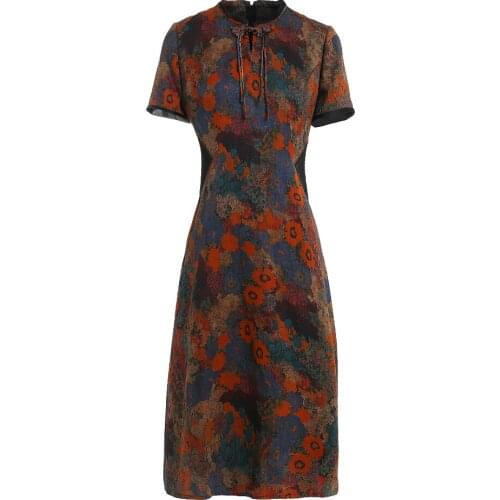 Giovanni short sleeve printed silk dress female elegant Chinese retro mulberry silk dress over the knee