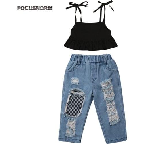 Toddler Kids Baby Girl Fashion Summer Sunsuit Set Vest Tops+Ripped Fish Net Jeans Pants 2Pcs Outfits Clothes Set