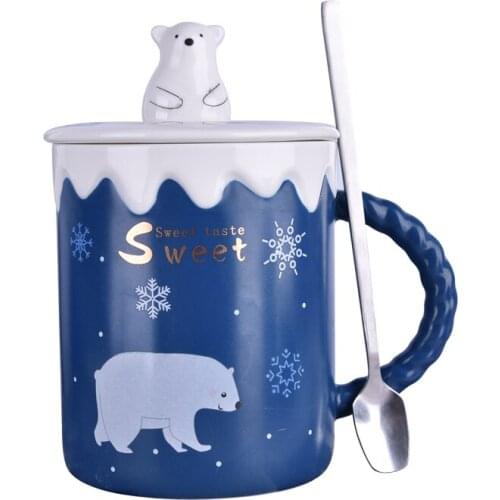 3D Polar bear Mug With Lid spoon Coffee Cups And Mugs Ceramic Creative Cartoon bear Coffee Mug teaCup