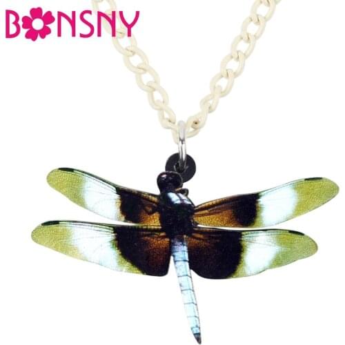 Bonsny Statement Acrylic Novelty Green Dragonfly Pendant Long Chain Collar Fashion Insect Summer Jewelry For Women Girls Teens