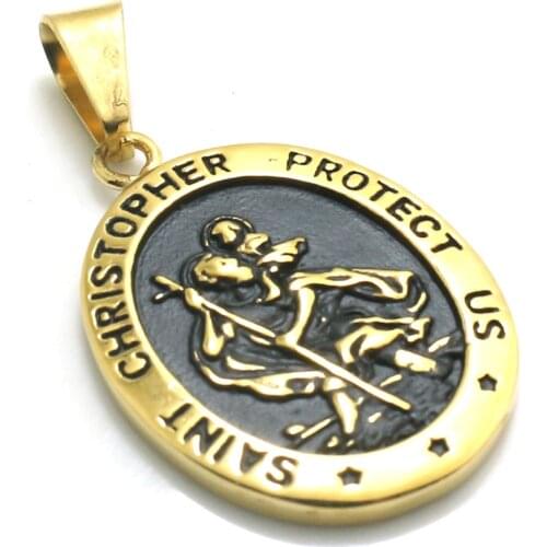 Unisex 316L Stainless Steel Cool Gold-Color Saint Christopher Protect Us Saint Christopher Carrying the Christ Child Pendant