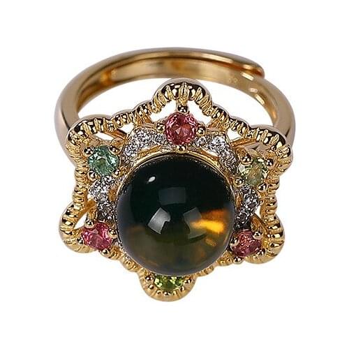 S925 sterling silver gold-plated natural Mexican blue amber ring personality light luxury temperament lady open ring