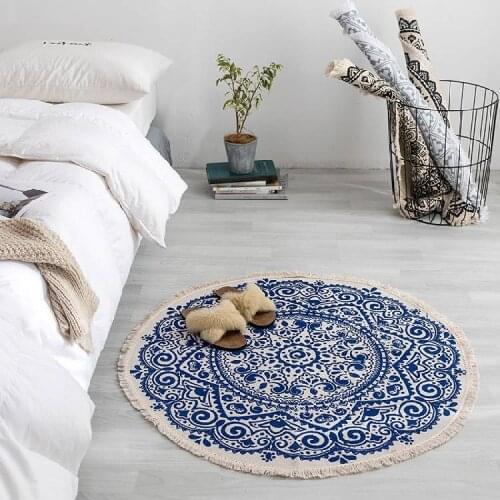 90cm Round Bohemian Bedside Carpet Bedroom Living Room Carpet With Tassels Home Decorative Cotton Linen Woven Rugs Floor Mat