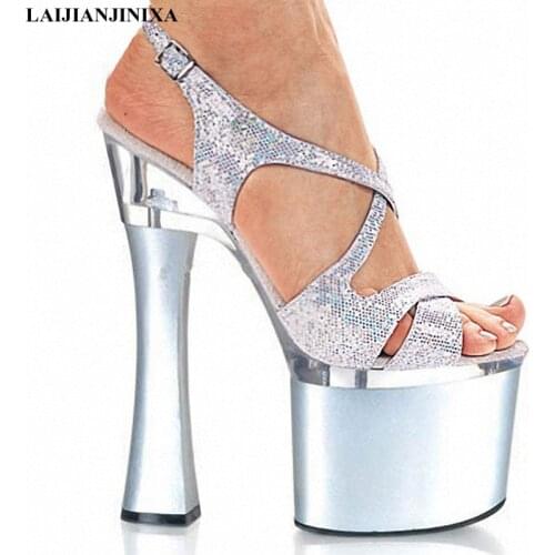 LAIJIANJINXIA Silver 18CM Sexy Super High Heel Sandals Platforms Pole Dance/Performance/Star/Model Shoes, Wedding Dance Shoes