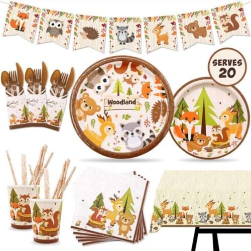 Forest Animal Party Plate Gift Bag Tablecloth Fox Owl Raccoon Tableware Forest Animals Childrens Birthday Party Supplies nn21
