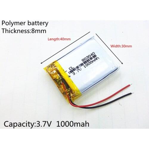 Li-po 3.7V,1000mAH,[803040] PLIB; polymer lithium ion / Li-ion battery for GPS,mp3,mp4,mp5,dvd,,model toy