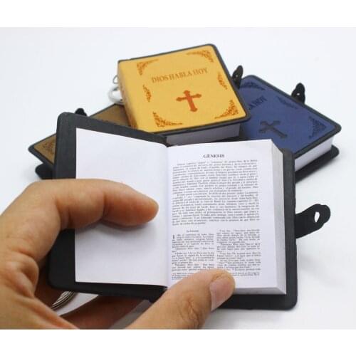 Mini English/Spanish HOLY BIBLE Keychains Religious Christian Cross Keyrings Leather Cover Small Real Book Pendants Key Chains