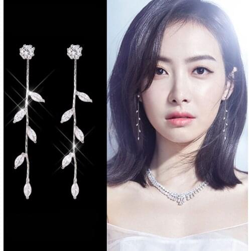 Trendy 925 Sterling Silver AAA Zircon Simple Sparkling Leaf Chain Tassel Drop Earrings for Women Girls Gift Pendientes Brincos