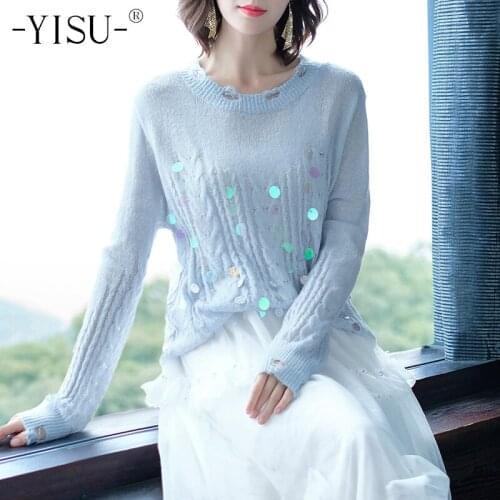 YISU Fashion Ripped sweater 2020 Autumn Winter Pullover Sequin design Mohair Sweater O-ncek Loose long Sleeve Sweater Women