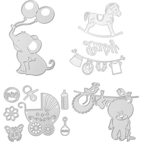 Cartoon Cutting Dies Stencils DIY Scrapbooking Embossing Dies for Baby Shower Decoration Baby Carriage Elephant Dies Template