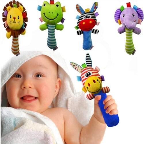 New Baby Toy Cartoon Animal Rattle Squeaker BB Sounder Early Educational Doll Elephant Giraffe Lion Frog Plush Hand Rattle Bell