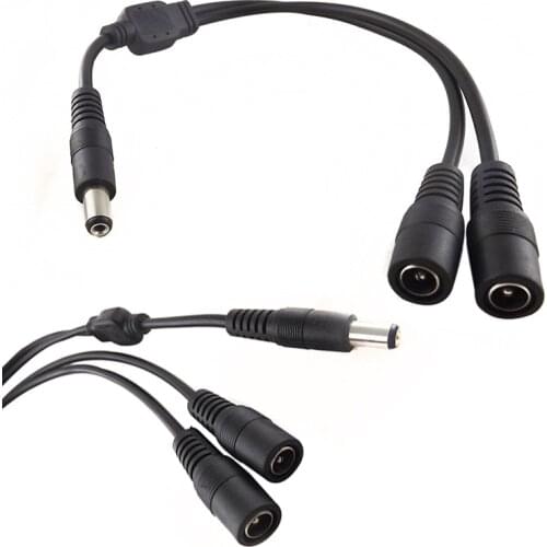 New Coaxial DC Power 1 Male Plug To 2 Female Jack Splitter Adapter Suitable for CCTV Black Coax Power Cord Cables