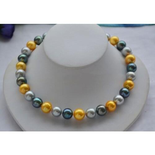 Huge 12mm ROUND gray yellow Black cultured PEARL NECKLACE 17inch AAA