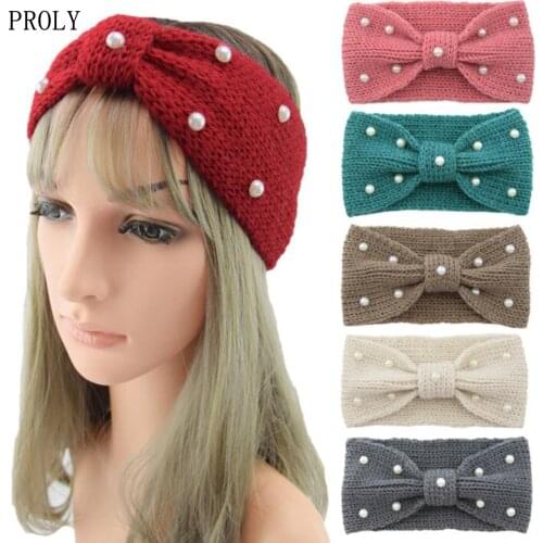 PROLY New Fashion Women Turban Headband Warm Knitted Hairband Soft Pearls Headwear Middle Knot Top Quality Hair Accessories